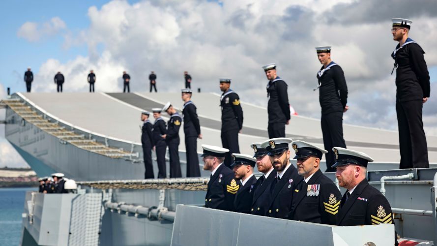 Sailors of HMS Prince Of Wales as she departs Portsmouth 01092023 CREDIT MOD.jpg