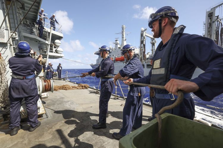 Sailors on HMS Kent conduct a replenishment at sea (RAS) with RFA Fort Victoria whilst in the Indo-Pacific region 20210818 Credit MOD Crown Copyright.jpg