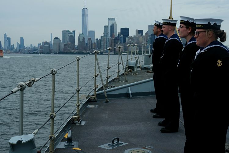 Sailors seen as HMS Richmond sails into New York with HMS Queen Elizabeth (Picture: Royal Navy).