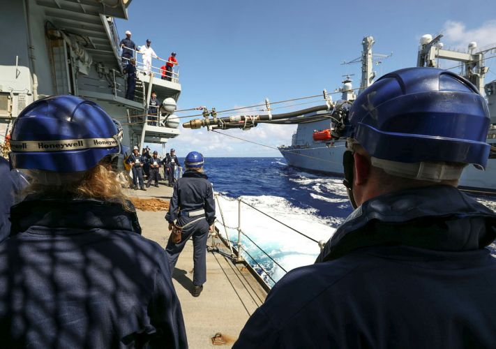 Sailors watch fuel probe comeacross to HMS Kent as she conducts a replenishment at sea (RAS) with RFA Fort Victoria 20210818 Credit MOD Crown Copyright.jpg