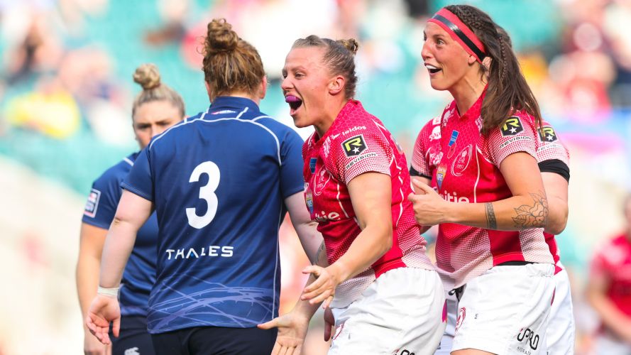 Sarah Batley celebrates scoring for the Army in the second half. Credit Alligin Photography Date 30042022.jpg 