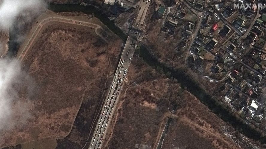 Satellite image appearing to show splitting of the Russian convoy outside Kyiv (Picture: Maxar Technologies via REUTERS).