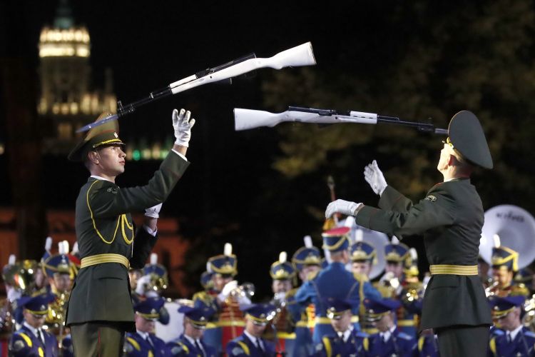 Servicemen of the guard of honor of Belarus' Armed Forces at Spasskaya Tower Festival 2019, Moscow (Picture: PA).