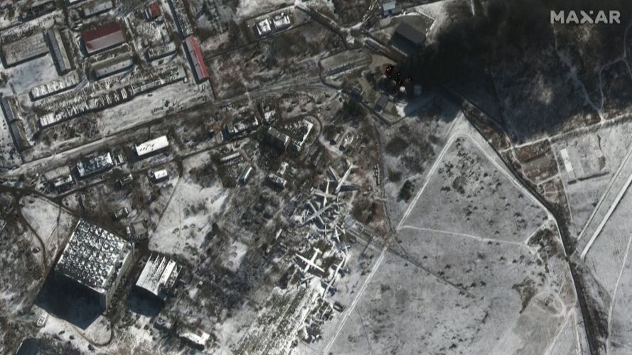 Smoke appearing in a satellite image seeming to show Russian convoy moving from outside Kyiv (Picture: Maxar Technologies via REUTERS).