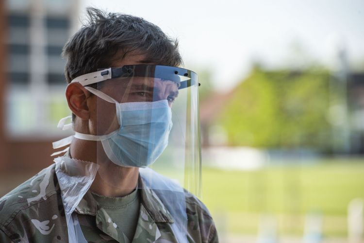 Soldier from Grenadier Guards at Dulwich coronavirus mobile testing unit