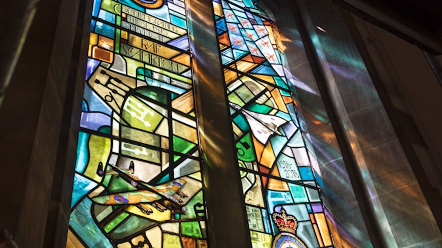 Stained glass window, including Red Arrows, which pays tribute to RAF Scampton 160421 CREDIT MOD