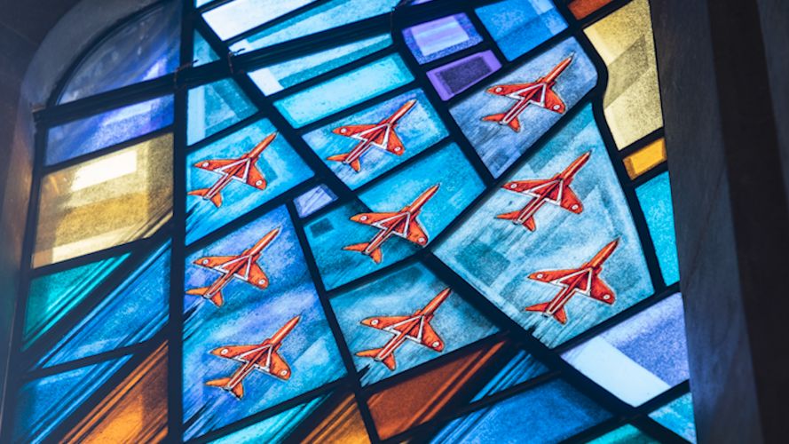 Stained glass, including Red Arrows depiction, which pays tribute to RAF Scampton 160421 CREDIT MOD