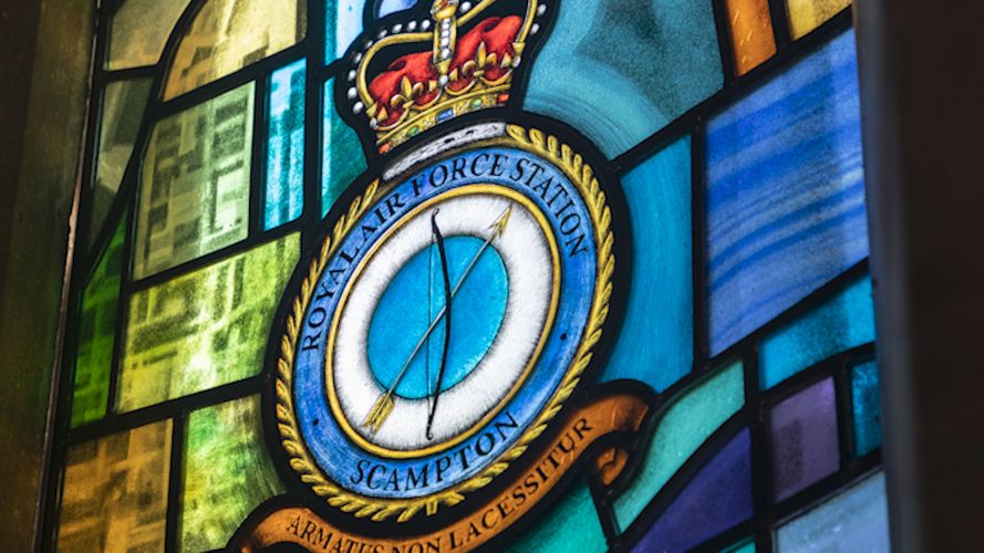 Stained glass, including Red Arrows, RAF Scampton insignia, which pays tribute to RAF Scampton 160421 CREDIT MOD