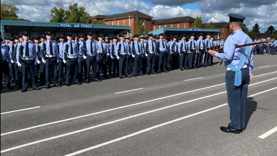 Standing at attention during a rehearsal for Queen Elizabeth II's funeral at RAF Halton.