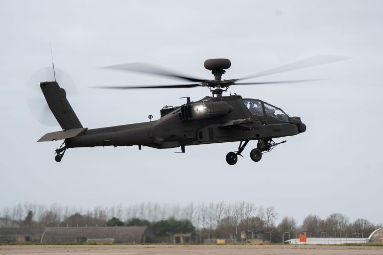 The Army's new Apache AH-64E attack helicopter is displayed at Wattisham Flying Station, Suffolk