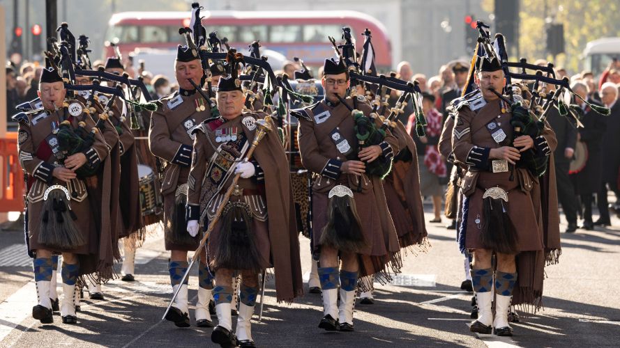 The Bandmaster of the London Scottish Pipes and Drums, leads the band to the Cenotaph in London 11112021 Credit MOD Crown Copyright.jpg