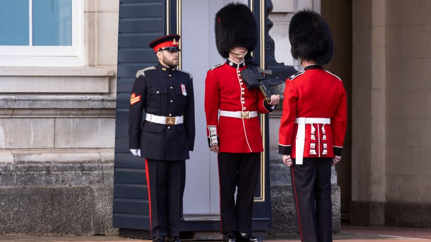 The Coldstream Guards (red) handing over guard duties, Royal Regiment of Canadian Artillery 04102021 Credit MOD.jpg