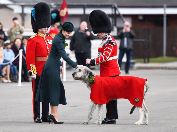 The Duchess of Cambridge visiting the 1st Battalion Irish Guards, and their mascot, at the St. Patrick's Day Parade, Mons Barracks in Aldershot 