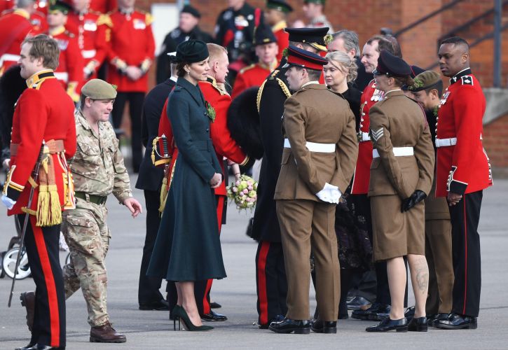 The Duke of Cambridge and The Duchess of Cambridge visit the 1st Battalion Irish Guards at the St. Patrick's Day Parade, Mons Barracks, Aldershot