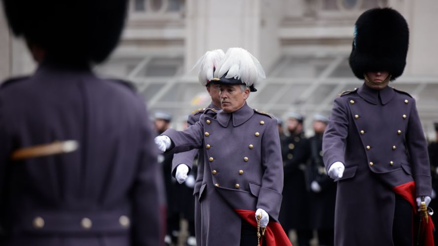 The London District military contingent make their way along Whitehall as part of a march past by personnel at the Cenotaph on Remembrance Sunday (Picture: MOD).