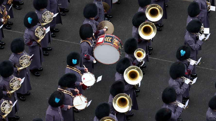 The Massed Bands of the Household Division march down Whitehall (Picture: MOD).