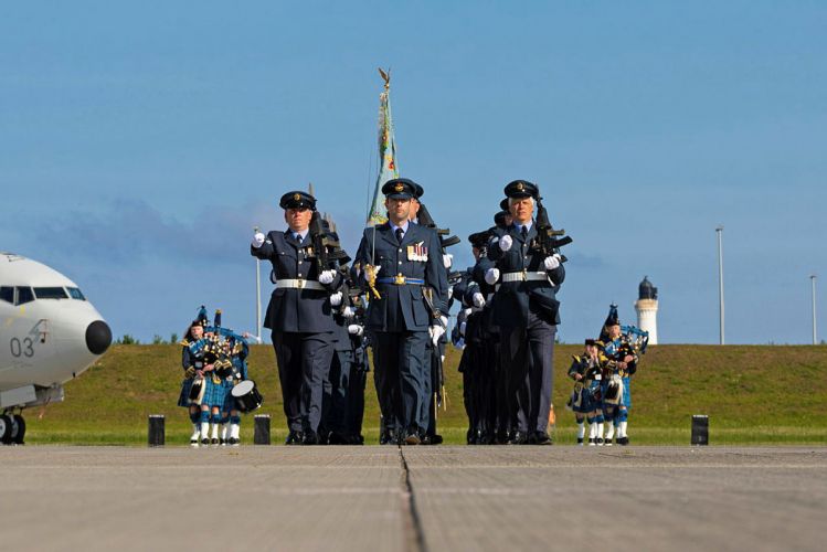 The Parade of 120 Squadron marches off the Parade Square at RAF Lossiemouth after completing the parade. During the Parade 120 Squadron consecrated the new Squadron Standard 01092021 CREDIT MOD