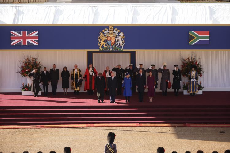 The President of the Republic of South Africa, His Majesty The King, HM The Queen Consort, HRH The Prince of Wales and The Duchess of Cornwall and Cambridge, at Horse Guards Parade in London