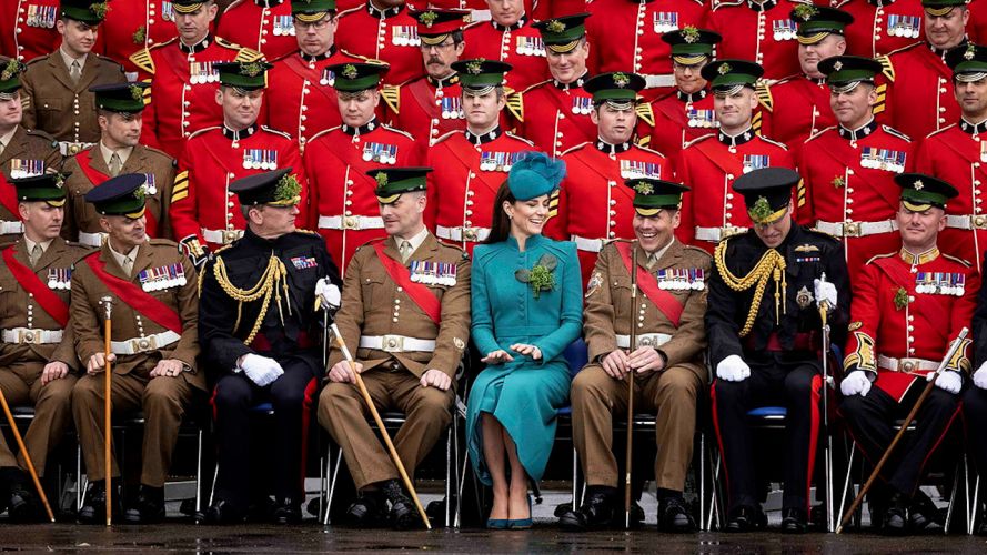 The Prince and Princess of Wales pose for a picture on St Patrick’s Day with the Irish Guards in Mons Barracks (Picture: MOD).