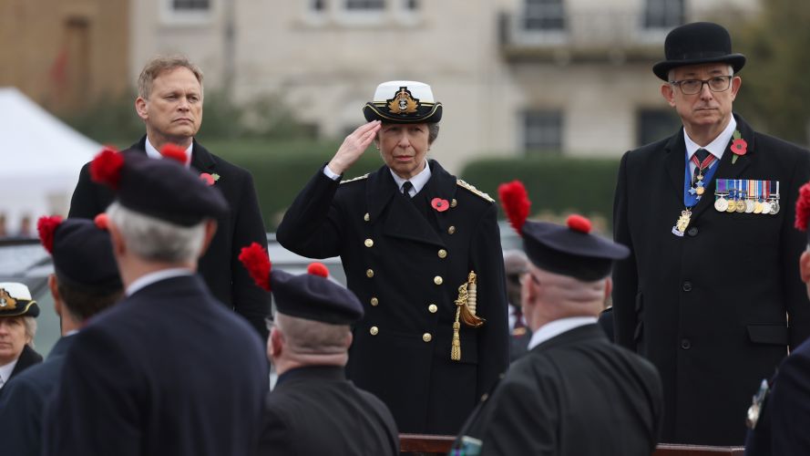 The Princess Royal, HRH Princess Anne (centre), Vice admiral Johnson (right), and Secretary of State for Defence, The Rt Hon Grant Shapps MP take the salute on Horseguards for Remembrance Sunday (Picture: MOD).