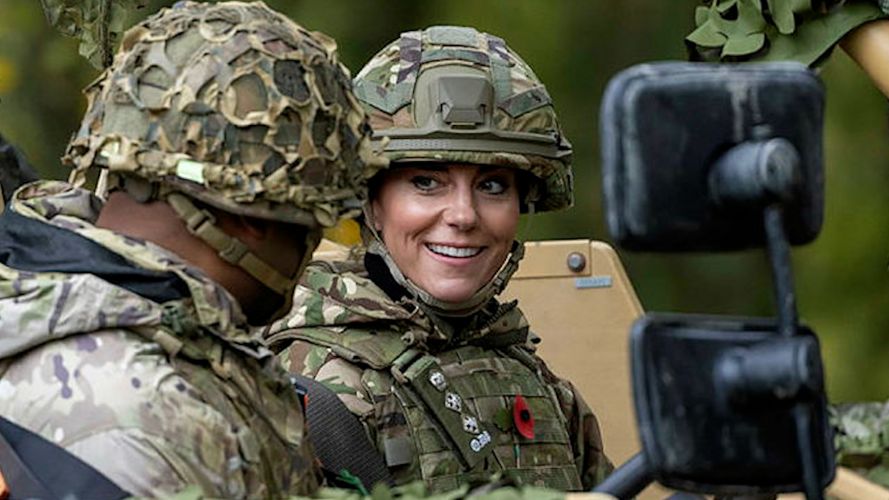 The Princess of Wales arrives at a military display stand in the passenger seat of a Jackal Armoured vehicl