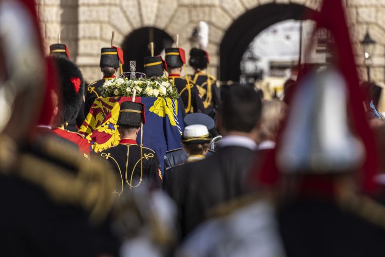 	The Procession crosses Horse Guards Parade. More than 320 members of Armed Forces personnel helped move The Queen’s coffin in procession from Buckingham Palace to Westminster Hall 