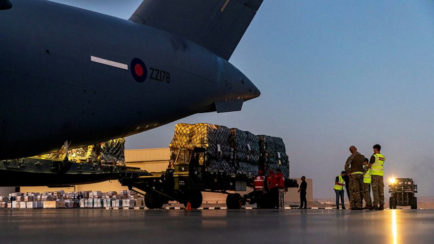 The RAF flight carried 23 tonnes of humanitarian aid including 4,500 blankets and 4,500 sleeping mats for distribution by the United Nations Relief and Works Agency (Picture: MOD).