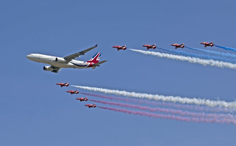 	The Royal Air Force Aerobatic Team – The Red Arrows conduct a flypast with Vespina RAF Voyager from RAF Brize Norton at RIAT