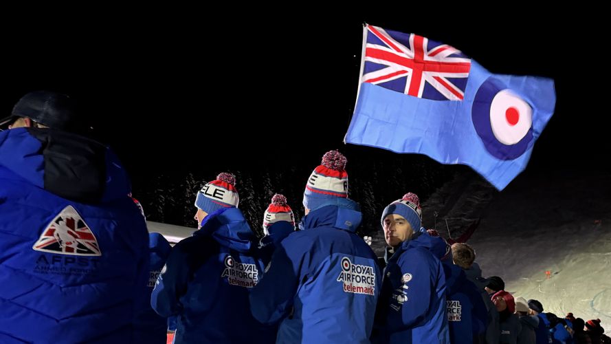 The Royal Air Force skiers and snowboarders line up at the Meribel Opening Ceremony