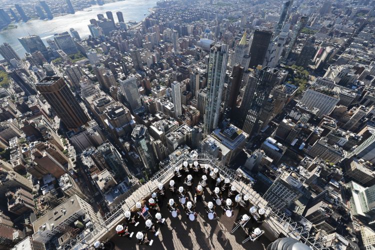 The Royal Marines Band seen with the New York City skyline behind (Picture: Royal Navy).