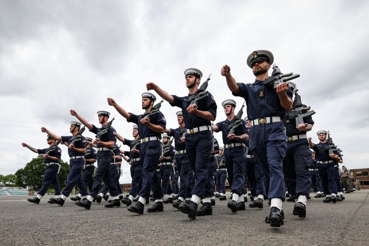 The Royal Navy State Ceremonial Team are putting Royal Navy Personnel through their paces at HMS COLLINGWOOD in Fareham, Hampshire 30th May 2022 ahead of the Queens Platinum Jubilee Pageant in London on Sunday