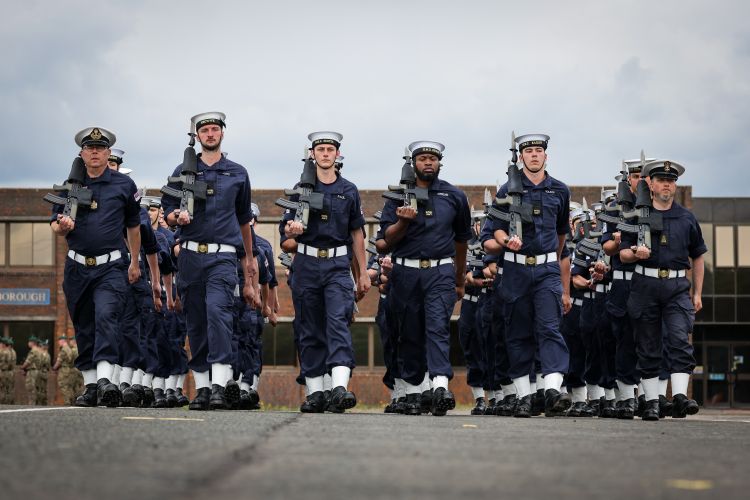 The Royal Navy State Ceremonial Team are putting Royal Navy Personnel through their paces at HMS COLLINGWOOD in Fareham, Hampshire 30th May 2022 ahead of the Queens Platinum Jubilee Pageant in London on Sunday