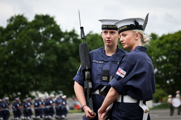 The Royal Navy State Ceremonial Team are putting Royal Navy Personnel through their paces at HMS COLLINGWOOD in Fareham, Hampshire 30th May 2022 ahead of the Queens Platinum Jubilee Pageant in London on Sunday