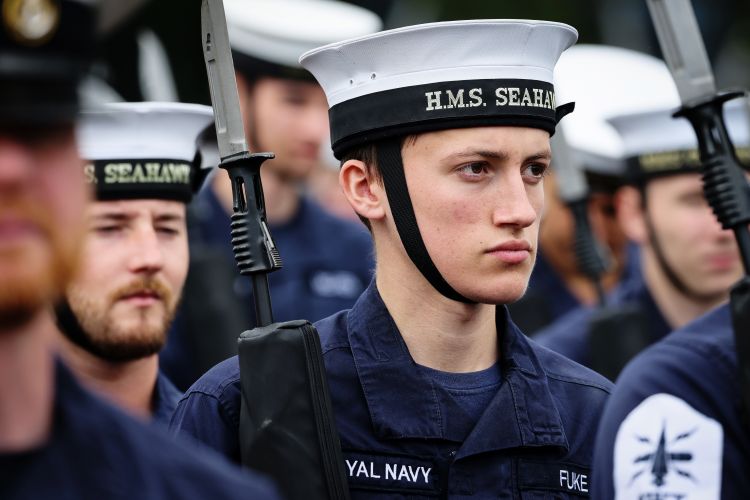 The Royal Navy State Ceremonial Team are putting Royal Navy Personnel through their paces at HMS COLLINGWOOD in Fareham, Hampshire 30th May 2022 ahead of the Queens Platinum Jubilee Pageant in London on Sunday