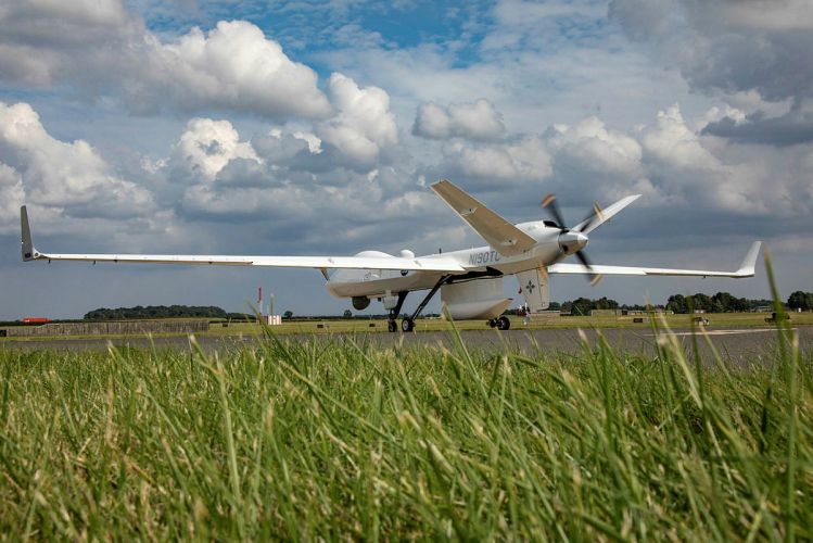 The SkyGuardian aircraft before taking off on a demonstration flight from RAF Waddington during the Secretary of State for Defence Ben Wallace visit 09092021 CREDIT MOD