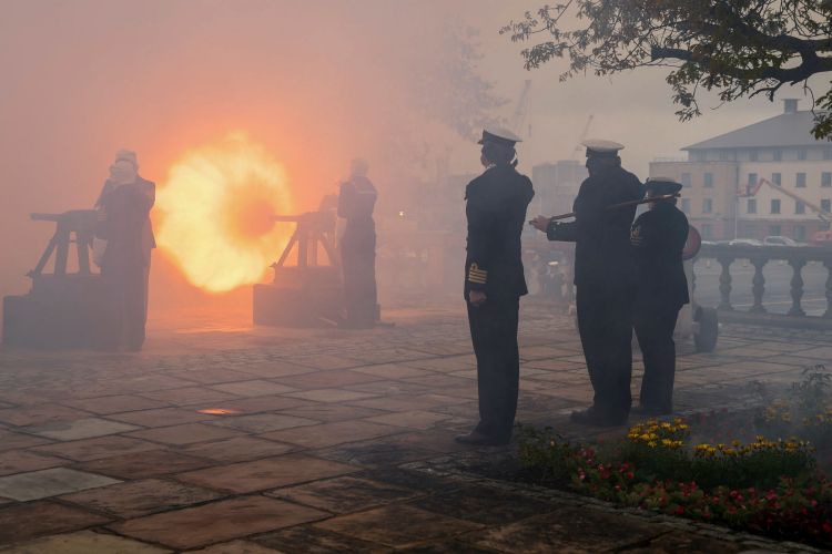 	The gunnery crew fire the 21 gun salute for the Kings Coronation at HMS Drake in Plymouth 