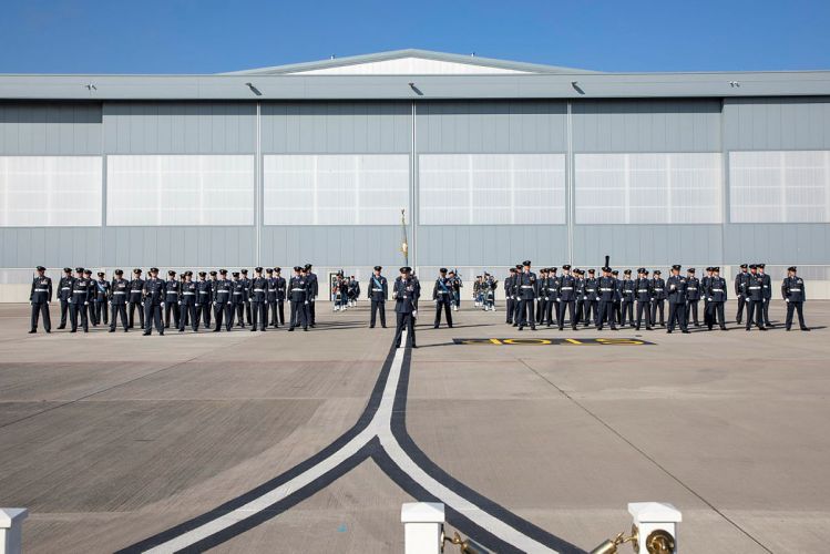 The parade of 120 Squadron waits on the Parade Square for the parade to begin when the VIP, Deputy Commander Operations (DCom Ops), Air Marshal Gerry Mayhew arrives at RAF Lossiemouth 01092021 CREDIT MOD