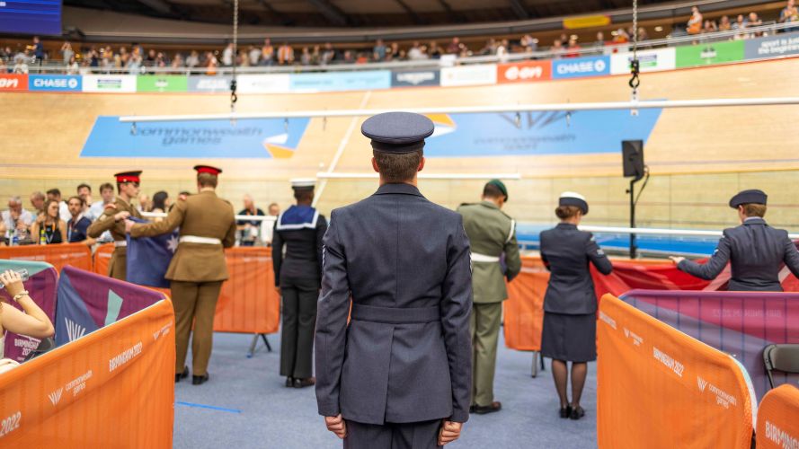 Triservice members were a part of the Medal's ceremony, raising the flags at the Commonwealth Games, here in Lee Valley Velodrome 01082022 CREDIT MOD Crown Copyright.jpg