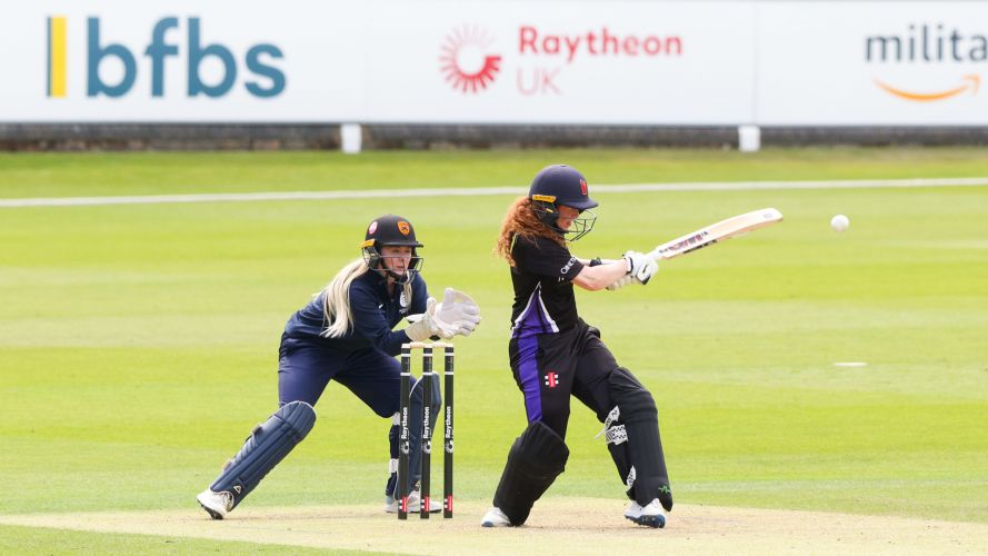 UKAF batswomen hunt down the MCC score with BFBS branding in the background Credit Alligin Photography DATE 16062022.jpg 
