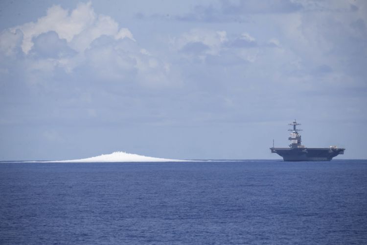 USS Gerald R Ford conducting Full Ship Shock Trials in the Atlantic Ocean