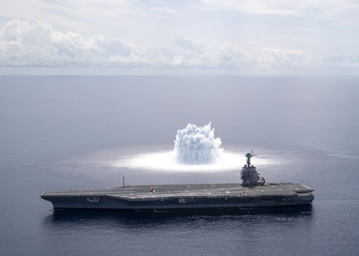 USS Gerald R. Ford Completes First Full Ship Shock Trial explosives in the water