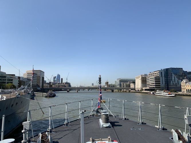 View from HMS Tamar looking west on River Thames 140920 CREDIT BFBS