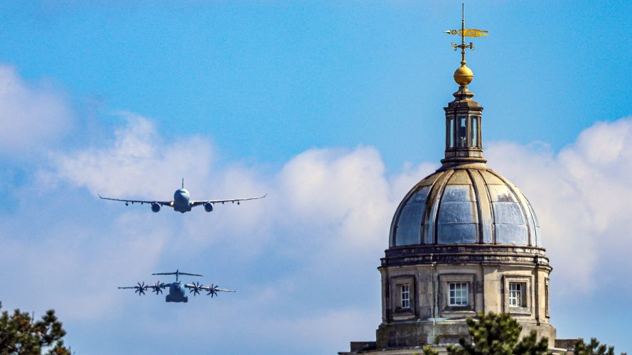 Voyager (top) and A400M Atlas above RAF College Cranwell during rehearsal Coronation Flypast 25042023 CREDIT MOD Crown Copyright.jpg