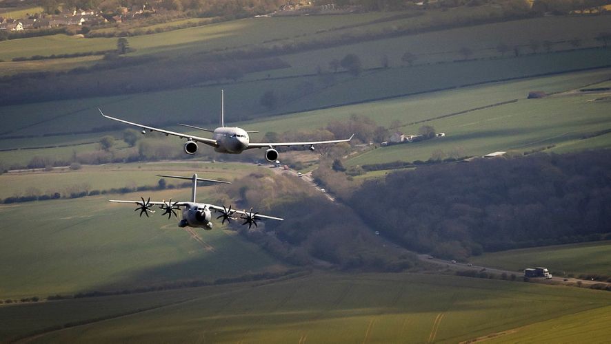 Voyager (top) and C-130J Hercules above RAF College Cranwell in a rehearsal Coronation Flypast 25042023 CREDIT MOD Crown Copyright.jpg