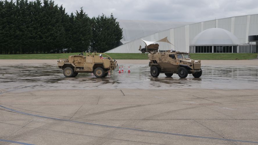 A wide angle view of Army hybrid experimental vehicles being tested at Millbrook Proving Ground in Bedfordshire.