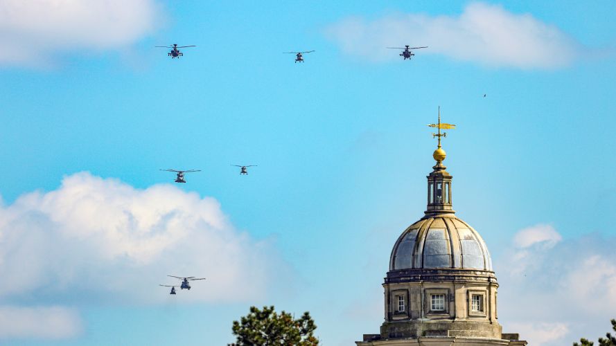 Wildcat, Merlin, Apache, Chinook and Puma helicopters above RAF College Cranwell