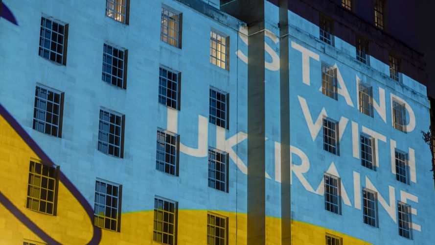 A message of solidarity with Ukraine is projected onto the front of the MOD's Main Building (Picture: MOD) MOD Main Building lit up in yellow and blue colours of Ukraine to mark Ukrainian Independence Day on 24 August (Picture: MOD)