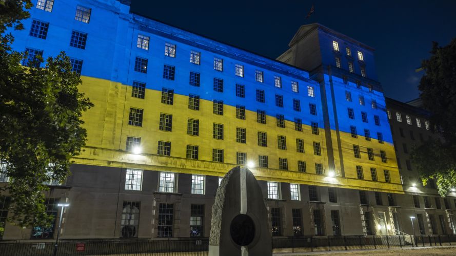 Main Building in Whitehall was glowing blue and yellow, with the message 'Stand with Ukraine' displayed across its façade MOD Main Building lit up in yellow and blue colours of Ukraine to mark Ukrainian Independence Day on 24 August (Picture: MOD)