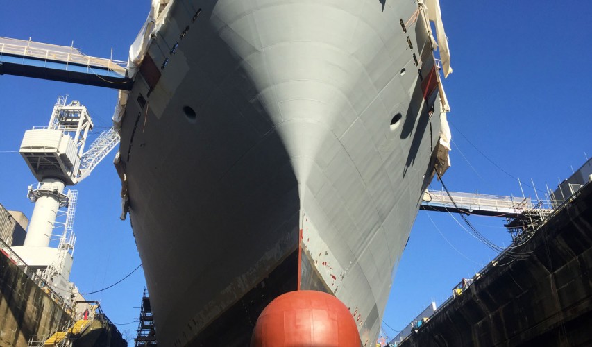 HMS Albion's bulbous bow, which would usually sit just below the waterline