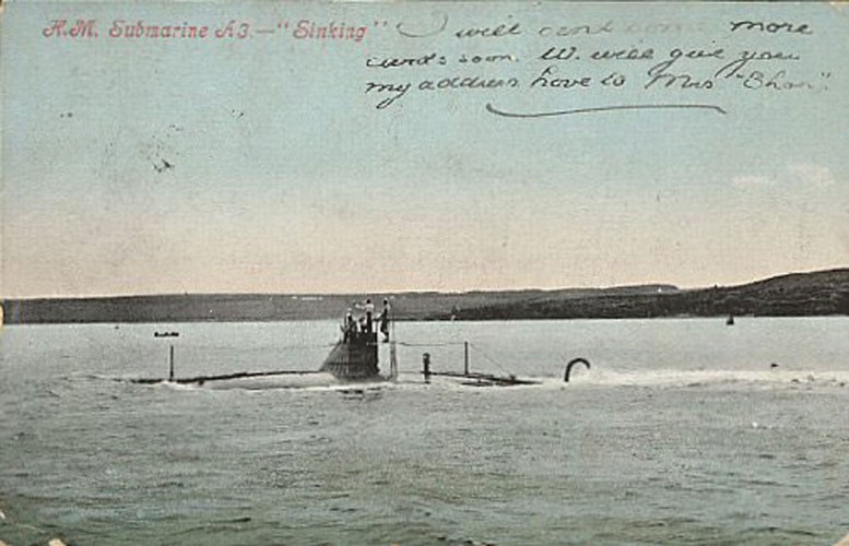 Postcard from the period that shows the sinking of the British A3 submarine - no copyright